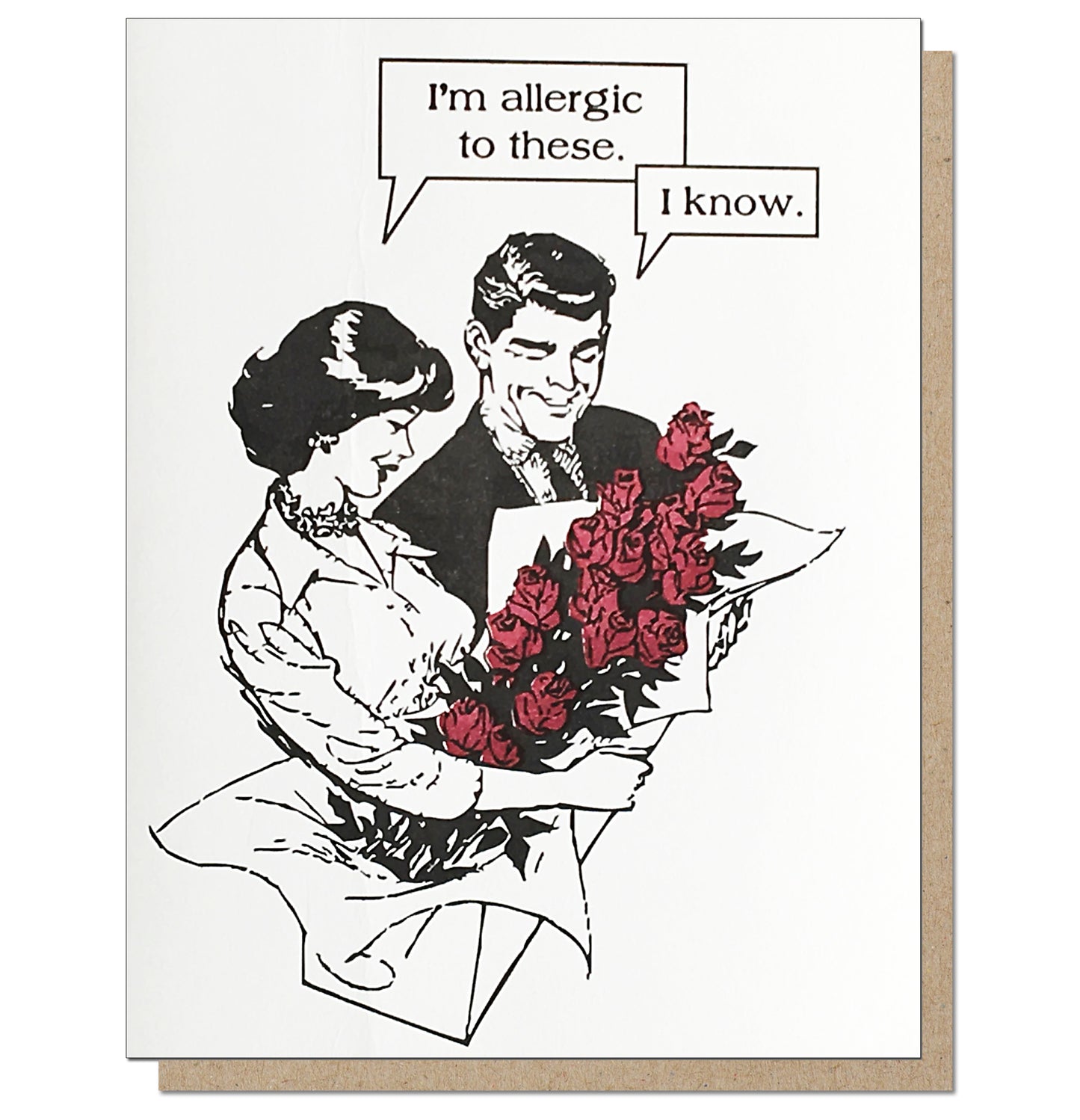 Allergic to Roses. Anti-romantic Letterpress Card.
